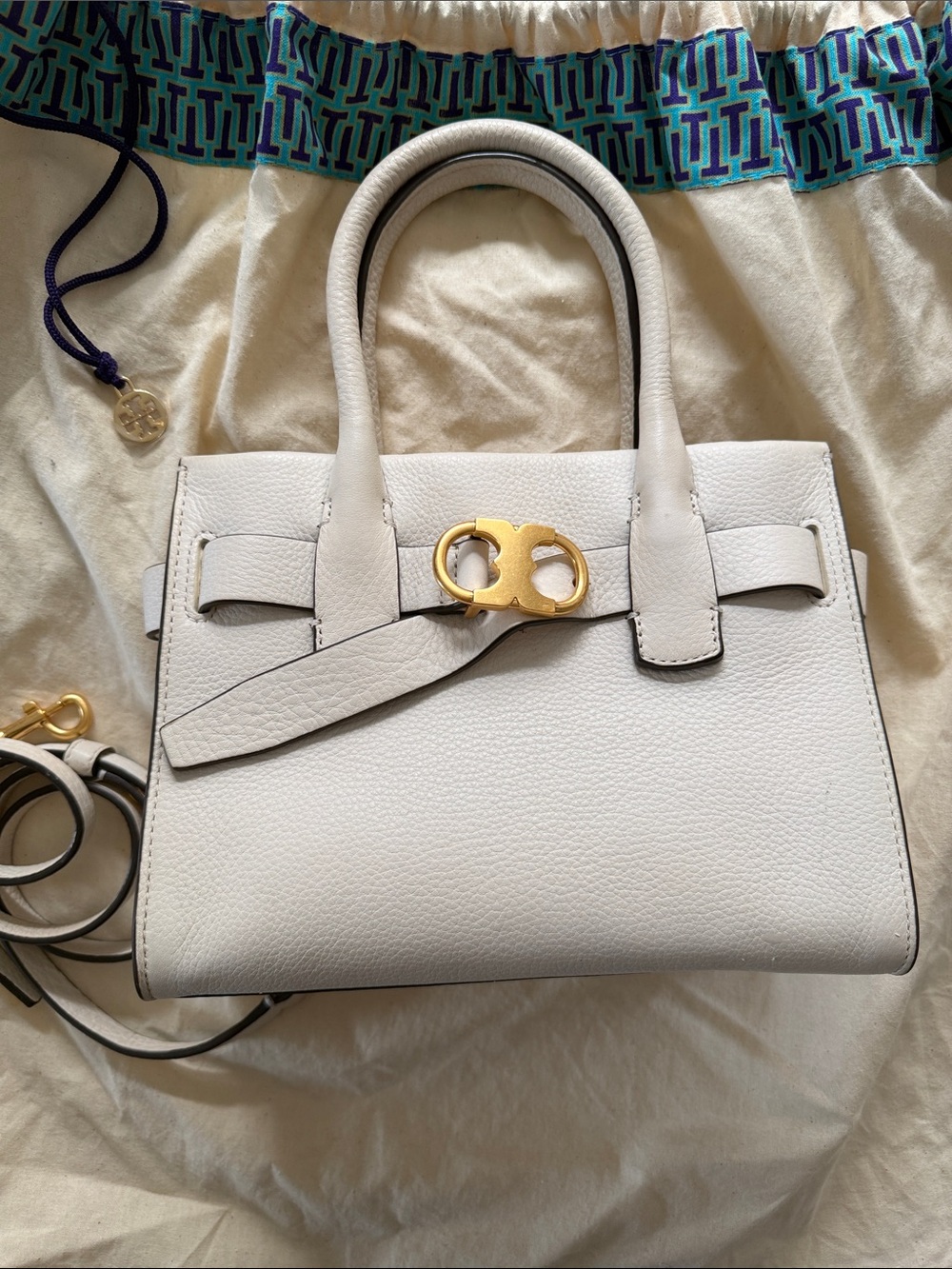 Tory Burch White Pebbled Leather Top-Handle Satchel with Gold Hardware